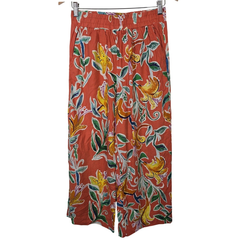 Rachel Rachel Roy Linen Blend Floral Wide Leg Pants Orange Tropical Lily Medium